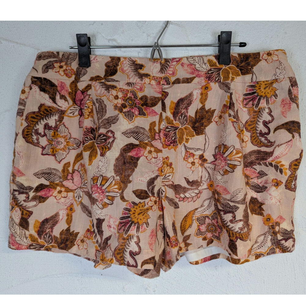 Boho Floral Shorts High Rise Neutral Pink Cotton Hippie Womens XL Petite INC